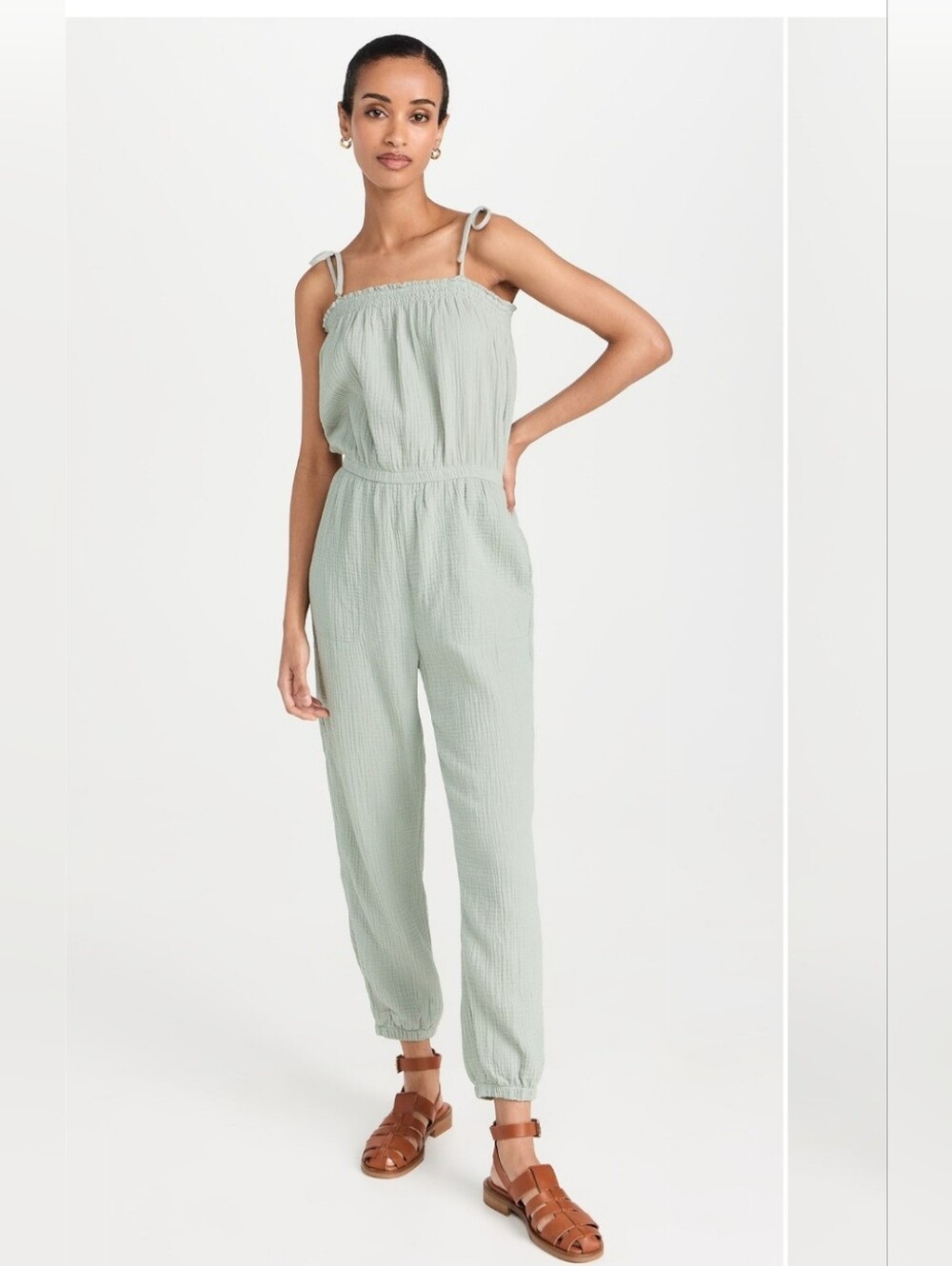 Z Supply Sage Green Textured Tie-Strap Jumpsuit